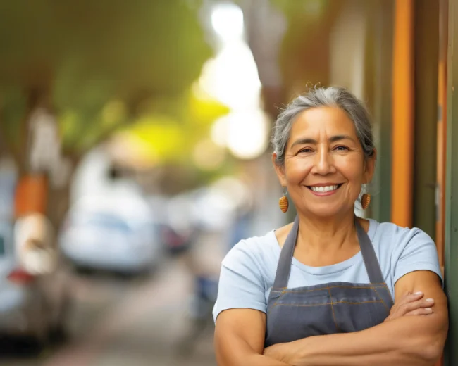 female adult wearing apron standing outside smiling with her arms folded