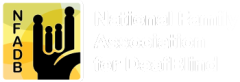 NAFDB Logo with a simple hand symbol and bright pattern in the background. White text.